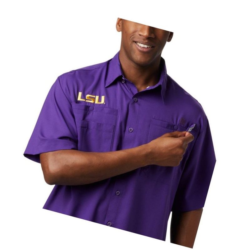 Koszule Columbia Collegiate PFG Tamiami Short Sleeve - LSU Męskie Fioletowe | 37TWDGLFS