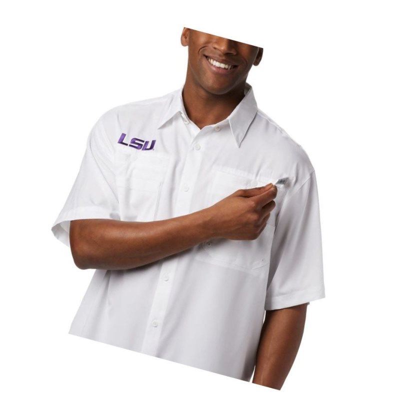 Koszule Columbia Collegiate PFG Tamiami Short Sleeve - LSU Męskie Białe | 03BNQJLKW